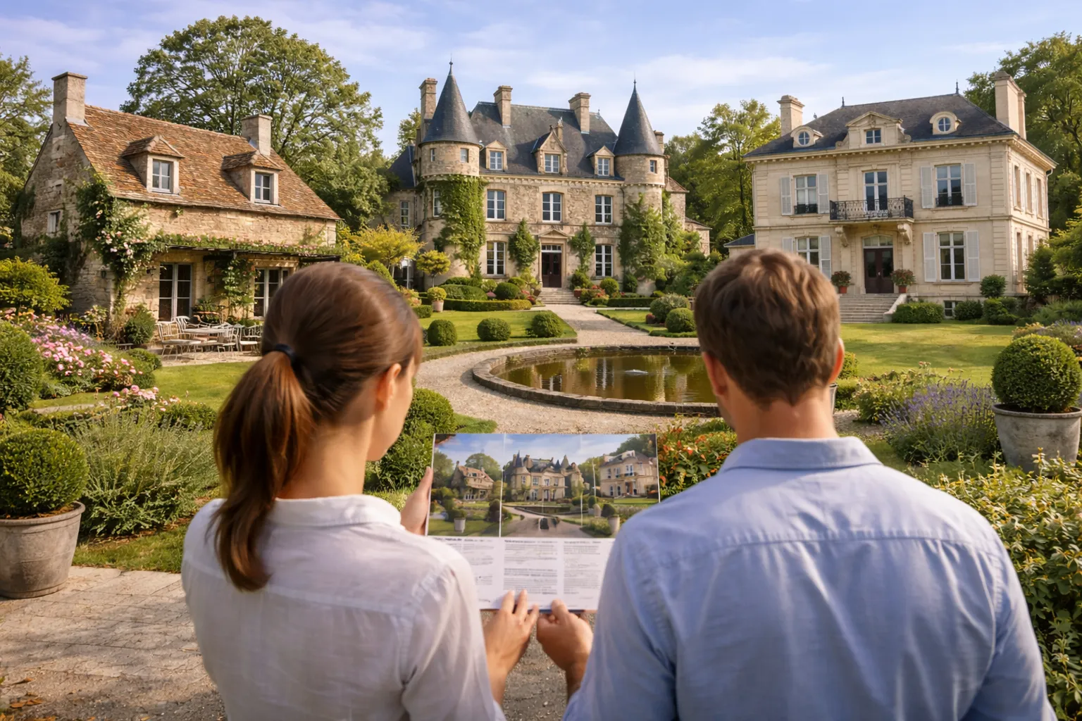 Couple découvrant des biens immobiliers de prestige en Île-de-France sud, illustrant les différences entre demeure de charme, manoir et maison de maître dans un cadre verdoyant haut de gamme.