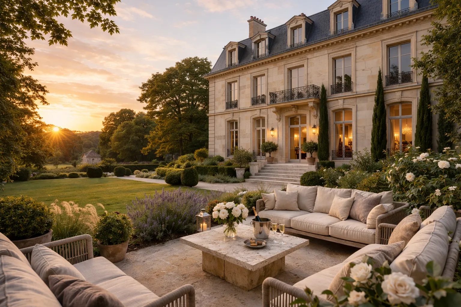 Maison de prestige en Île-de-France sud (Fontainebleau, Barbizon), demeure haut de gamme en pierre avec grand jardin arboré, terrasse aménagée et environnement naturel, illustrant les critères de l’immobilier de luxe.